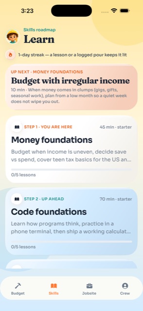 Learn tab: skills roadmap with streak and Up next lesson