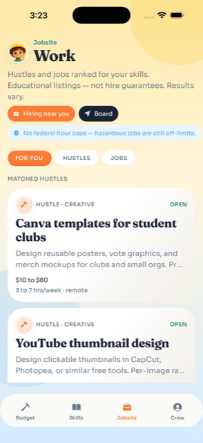 Jobsite tab: hustles and jobs ranked by your skills and age
