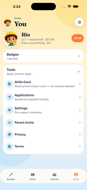 Crew tab: level, streak, badges, Skills Card and Eligibility Clock