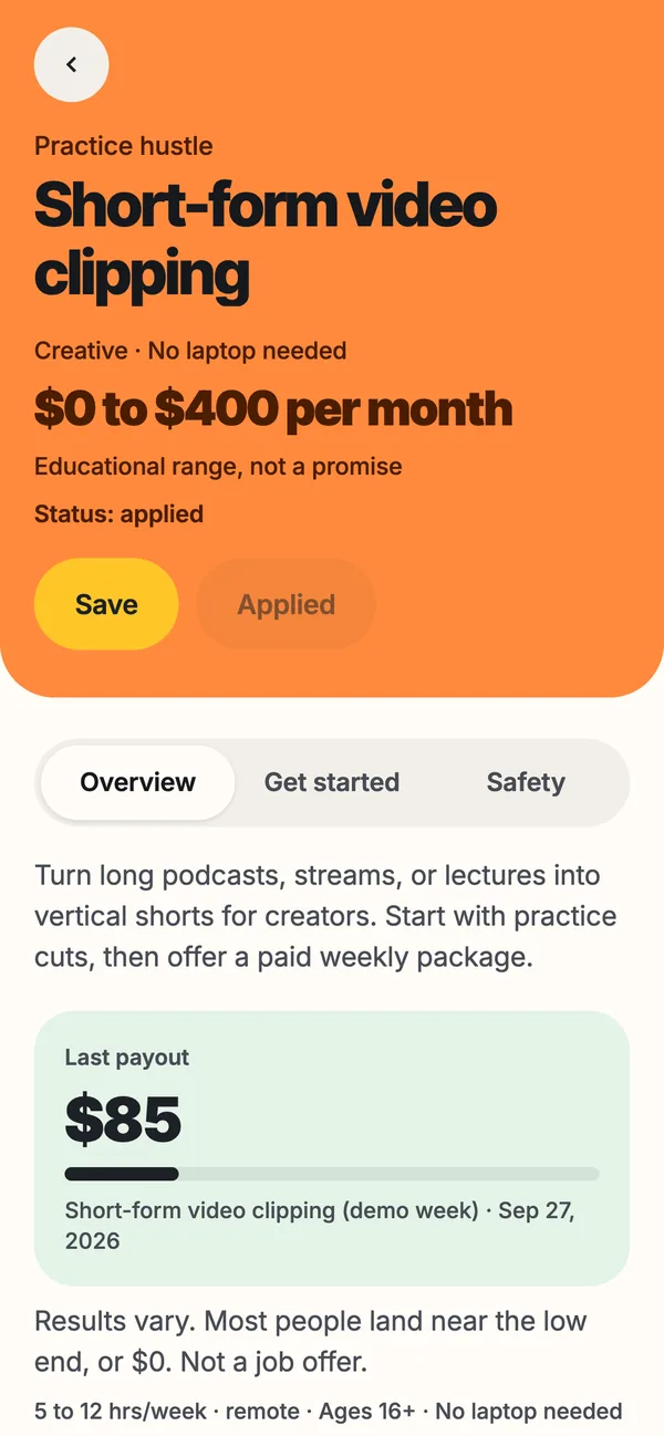 Budgeteen hustle page for short-form video clipping with a typical range and costs