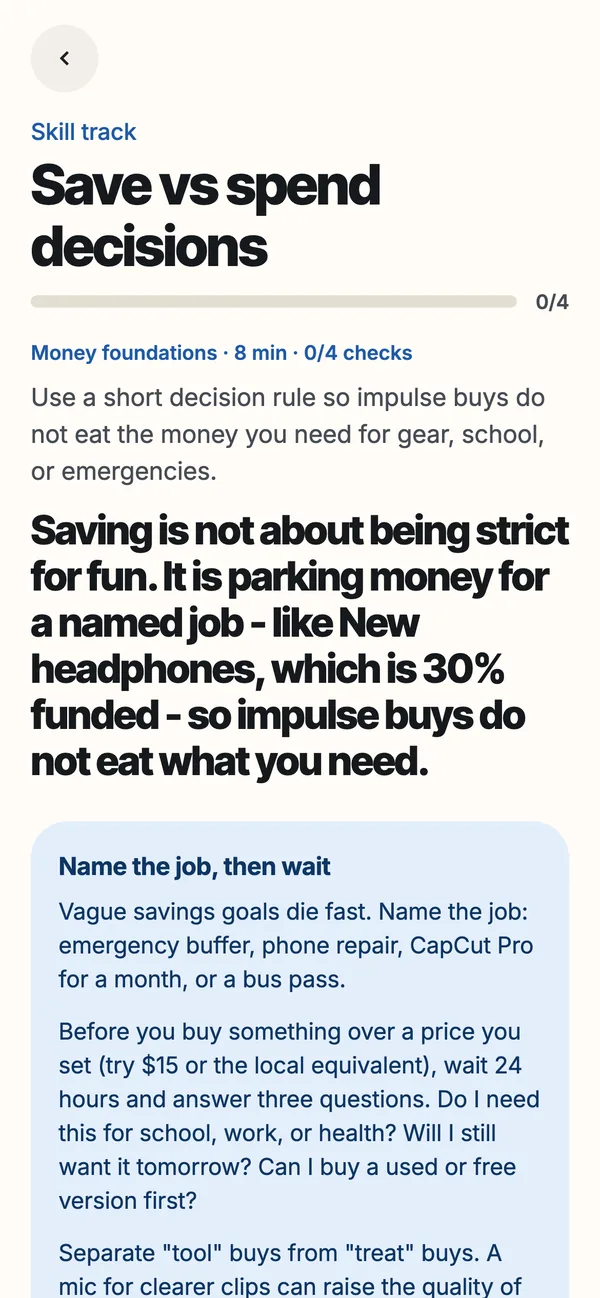Budgeteen lesson: Save vs spend decisions, with a decision rule and checks