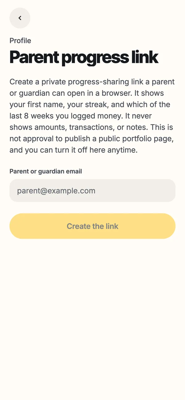 Budgeteen parent progress link: shows streak and progress, never amounts